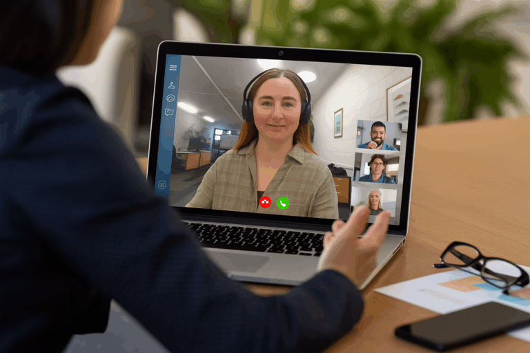 Photo is of a woman delivering online training to a customer during the onboarding phase of working with ABC Software