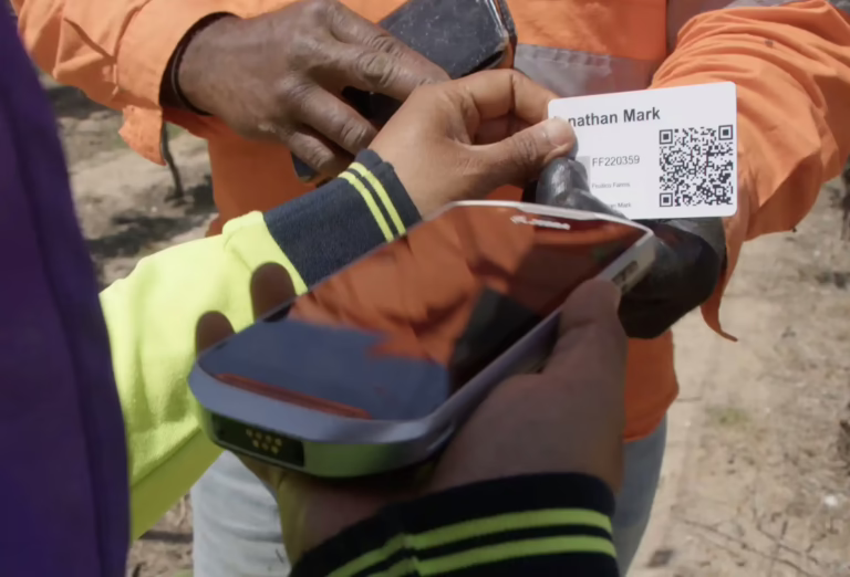 Photo shows a supervisor scanning the QR code on the ID of a worker using a mobile phone